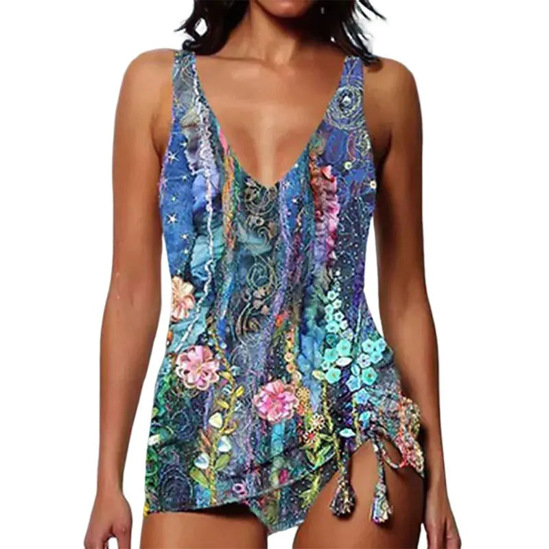 Women's printed triangle bikini with matching shorts in split swimsuit style for swimming