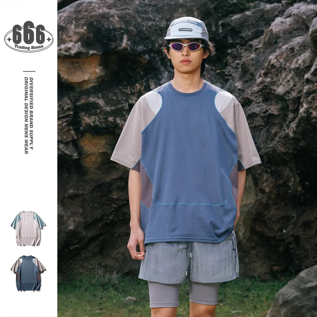 Men's patchwork contrast colour loose-fit sports T-shirt with raglan short sleeves.