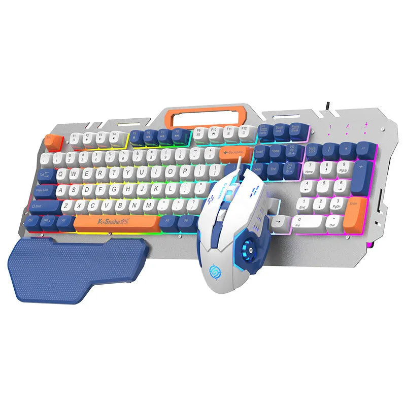 Blue and grey wired gaming keyboard and mouse set with backlit keys on desk