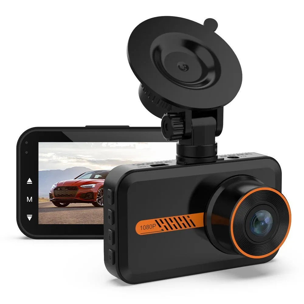 ThiEYE front and rear dash cam with 3-inch screen mounted on car windscreen
