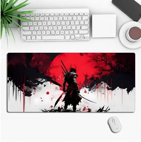 Custom anime graphic gaming mouse pad with non-slip rubber base on a desk.