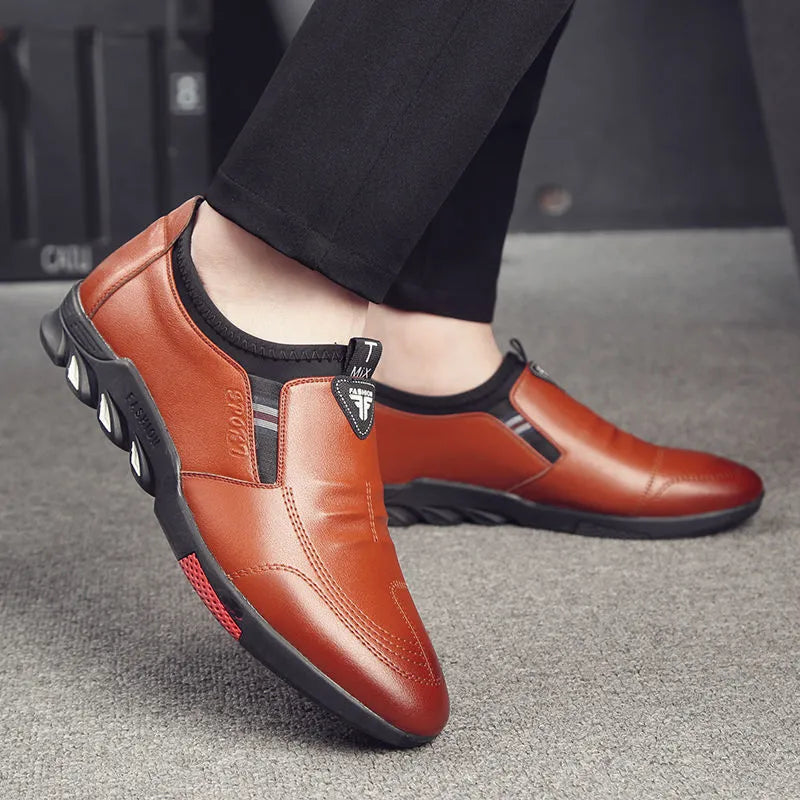 Men's black and brown PU leather shoes with flat heel and plain toe design