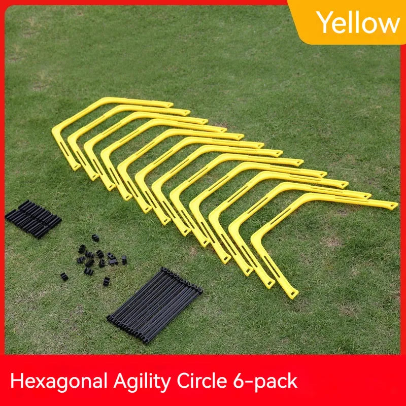 Set of six foldable yellow hexagon plastic agility training rings for sports drills.