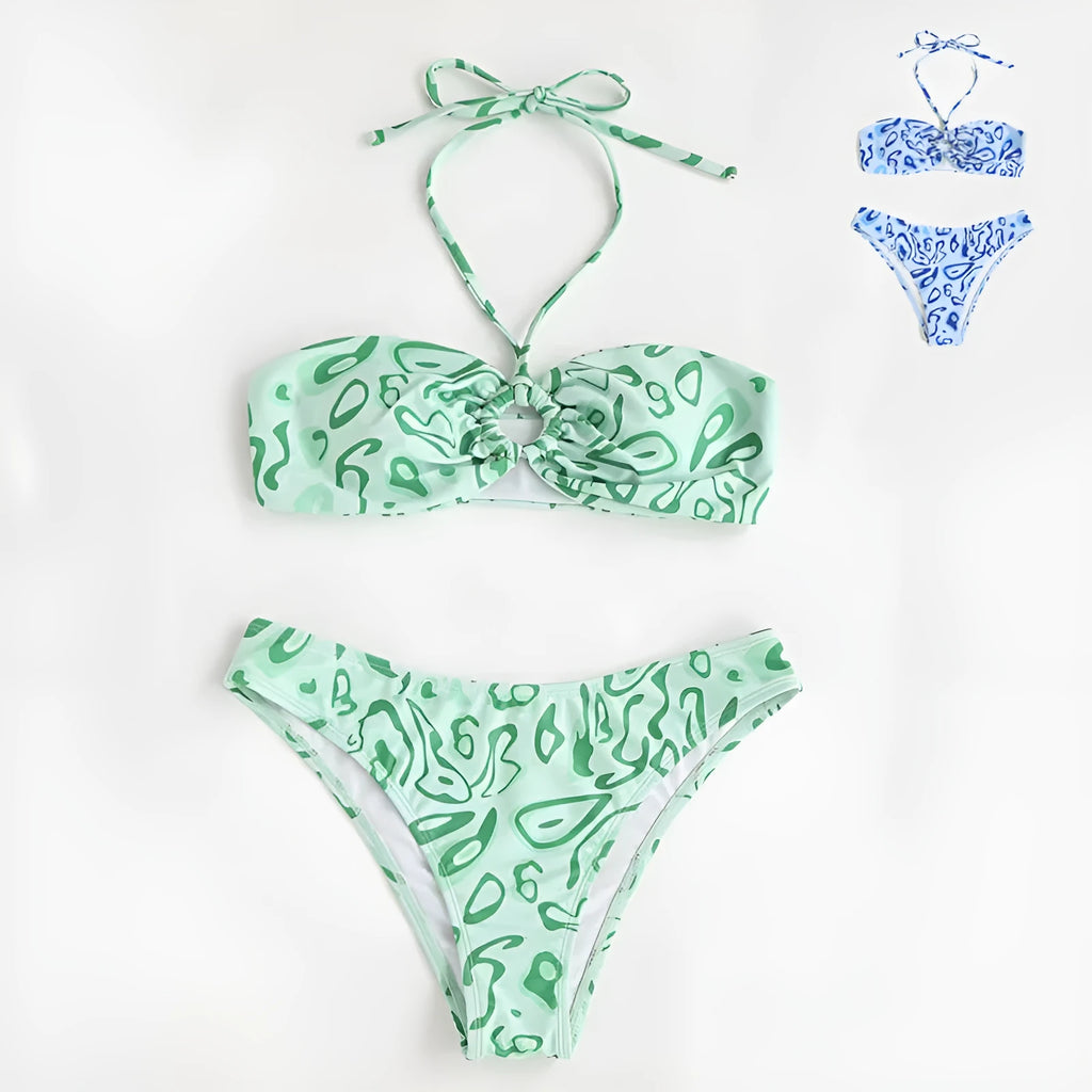 Green floral bandeau bikini swimsuit set with backless design and split bottoms