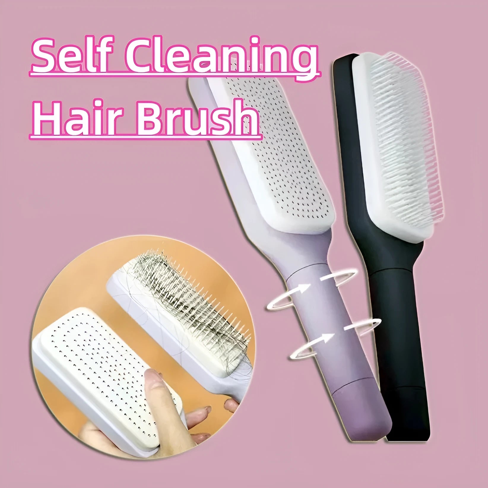Purple self-cleaning hairbrush with rotating handle and anti-static massage comb teeth