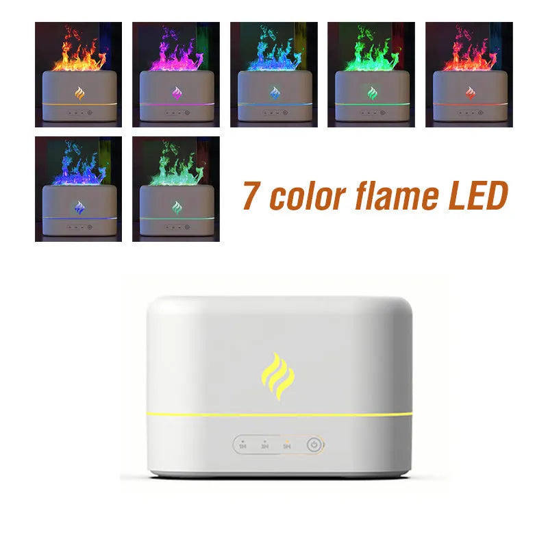 Black or white USB humidifier with seven-colour LED flame effect and mist outlet.