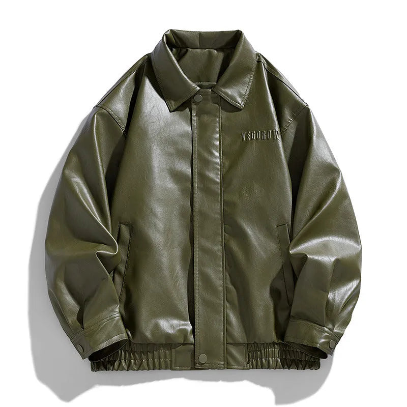 Mens slim fit corduroy rabbit hair PU leather jacket in army green, front view