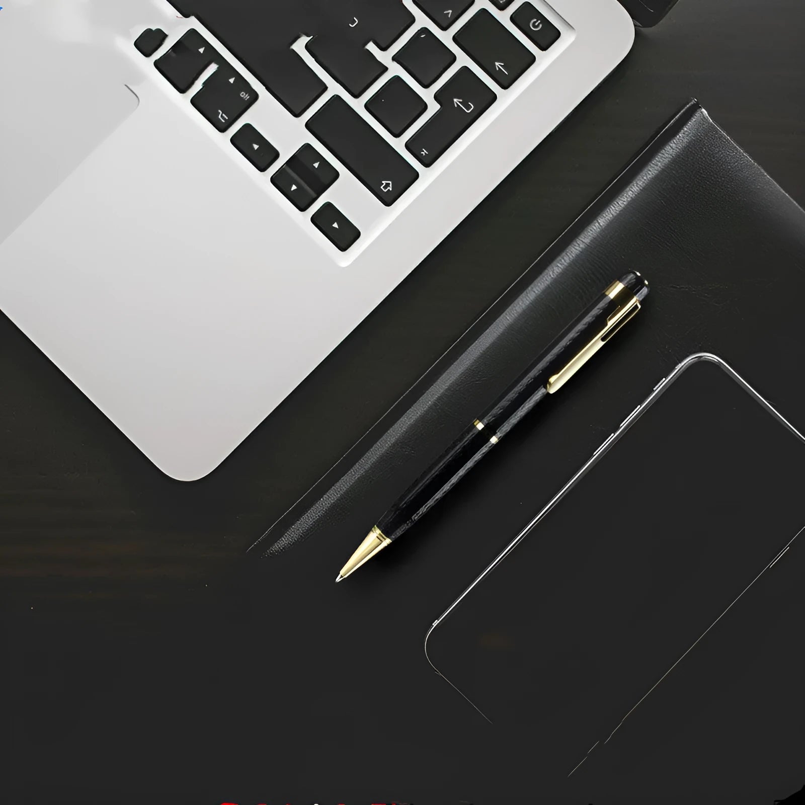Black pen-shaped digital voice recorder with zinc alloy casing shown next to its accessories.