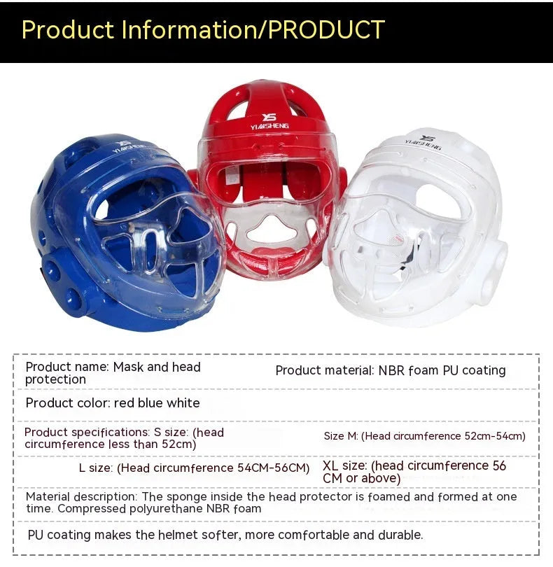 Karate helmet protective equipment for boxing training in white, blue, or red colours