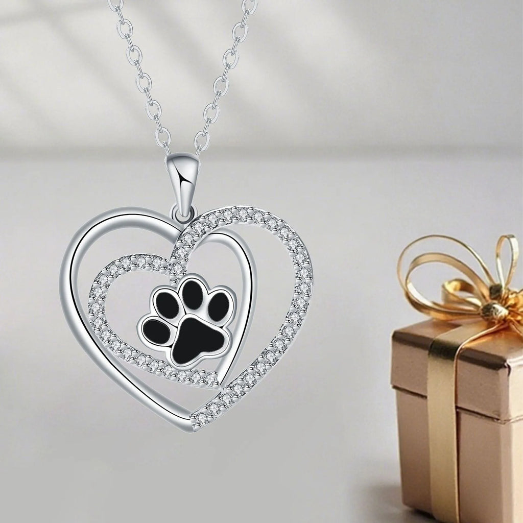 Copper necklace with heart-shaped dog paw pendant on cross chain, electroplated finish