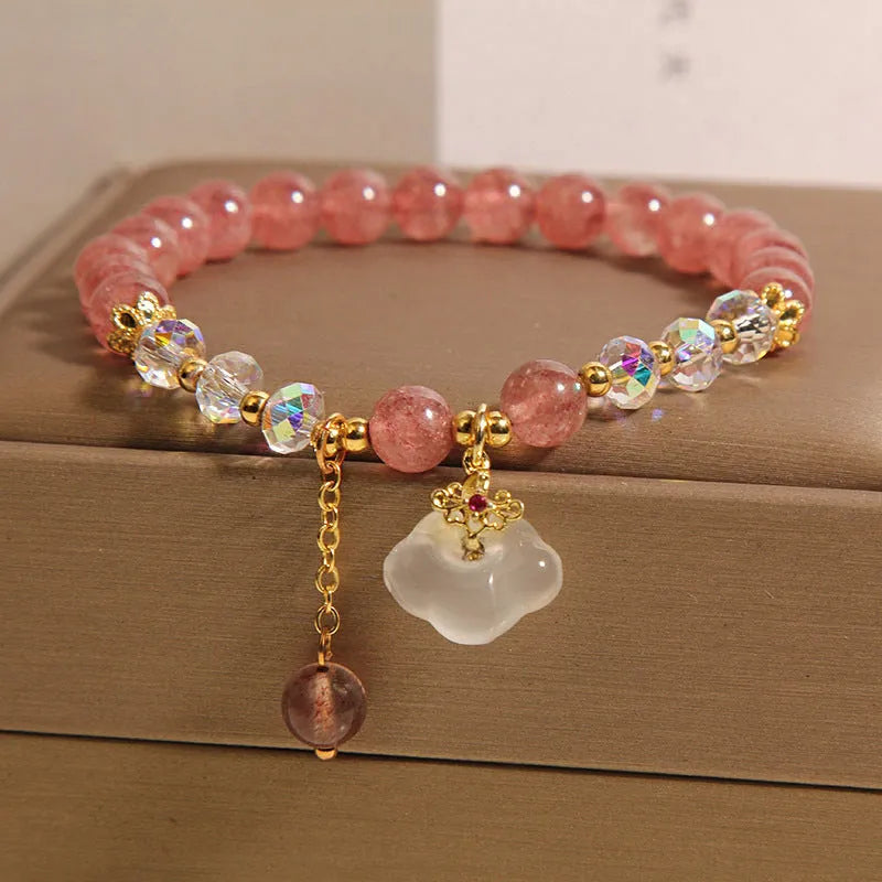 Adjustable strawberry quartz and white agate crystal bracelet with auspicious cloud charms