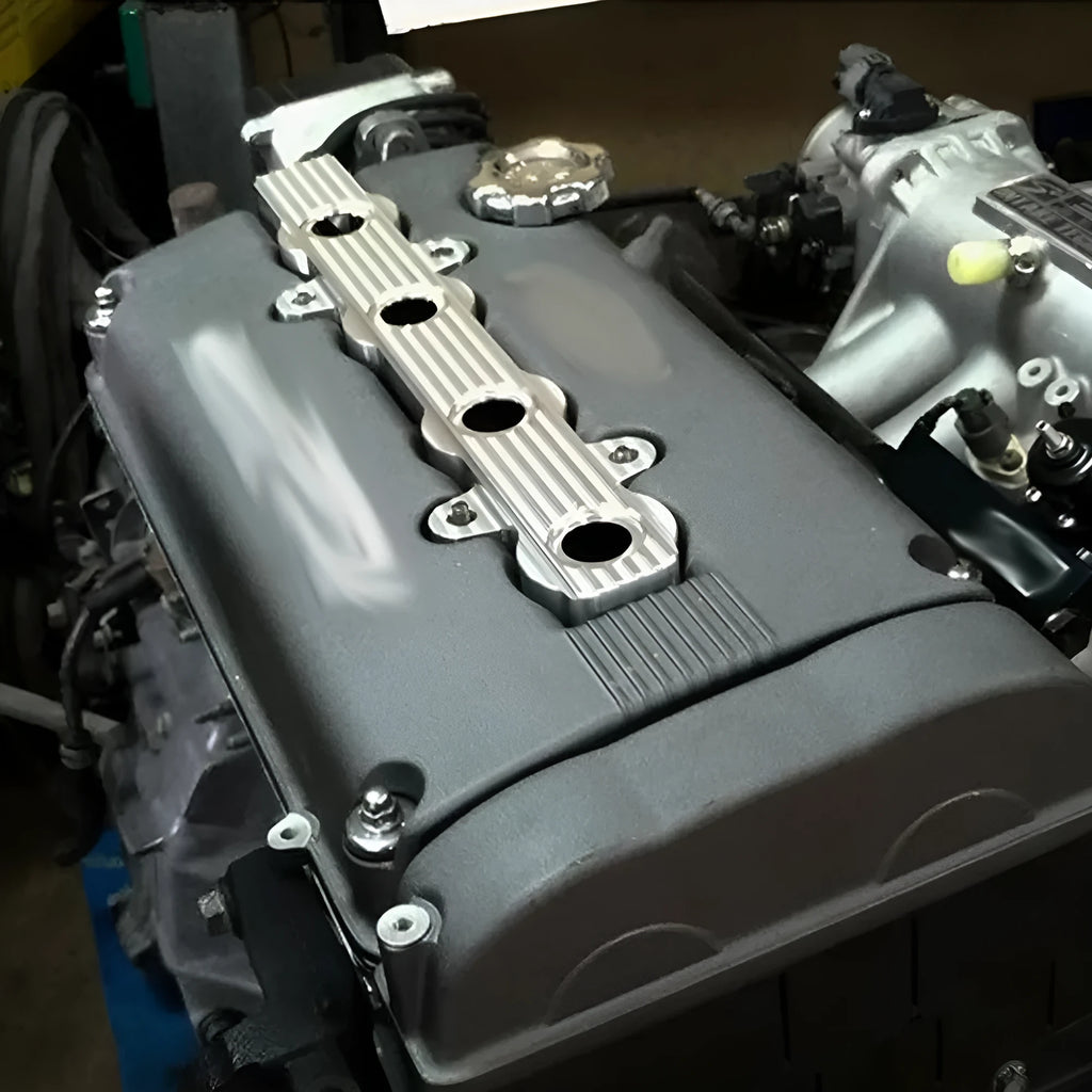 Aluminium alloy engine hood in blue, red, or silver, showing versions with and without mounting holes.