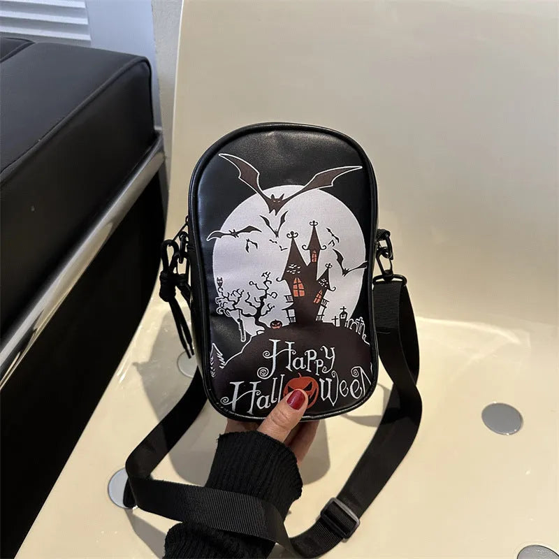Halloween graffiti mini crossbody phone bag with cartoon pumpkin ghost bat print in black colour
