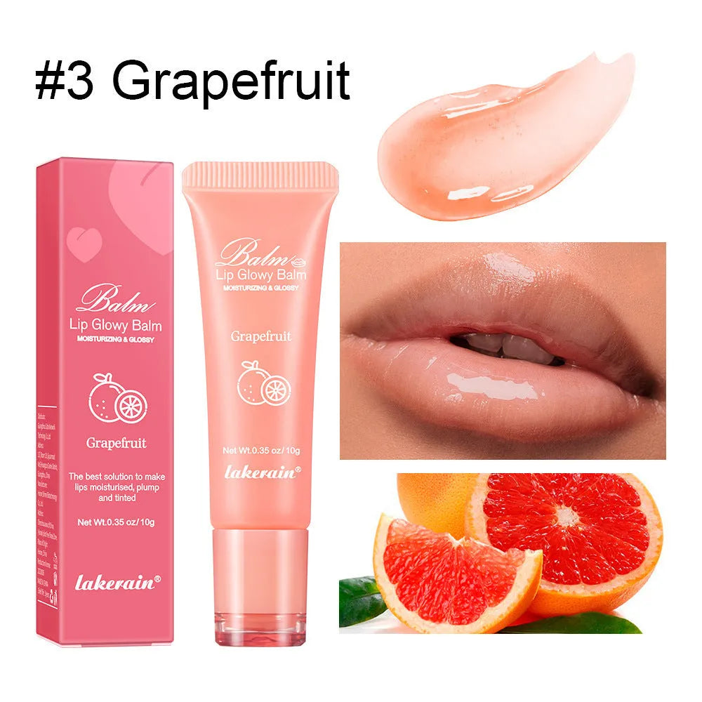 Lip gloss lipstick in natural finish with Berry, Grape, Grapefruit, and Yellow Peach flavour options.