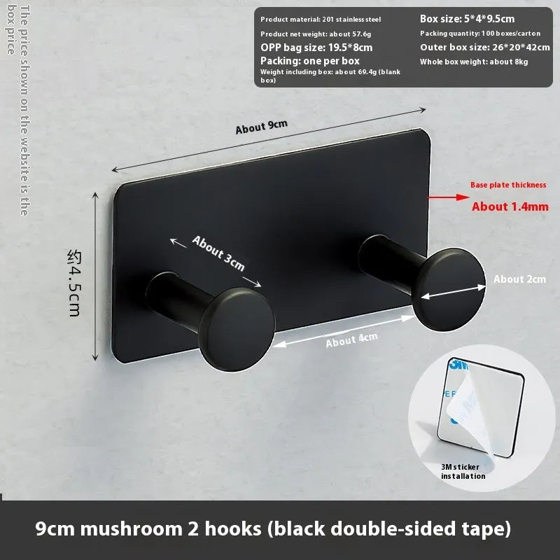 Iron adhesive wall hook with multiple arms on shower door, white double-sided tape visible
