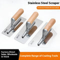 Stainless steel decorative putty scraper with wooden handle showing three blade size options