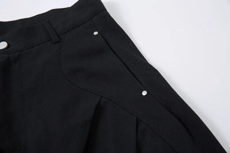Men's black cotton pleated trousers with wide-leg loose-fitting casual design