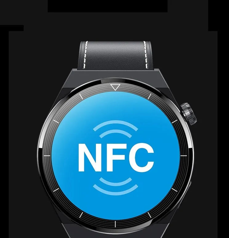 Black Bluetooth smart watch with round 1.36-inch display and silicone strap showing calling and NFC functions