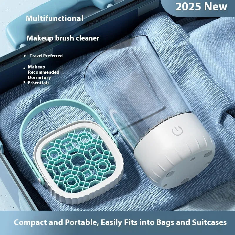 White rechargeable electric makeup brush cleaner with plastic construction and charging cable