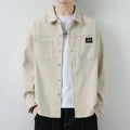 Men's corduroy jacket in khaki, shown as a long-sleeved cardigan shirt
