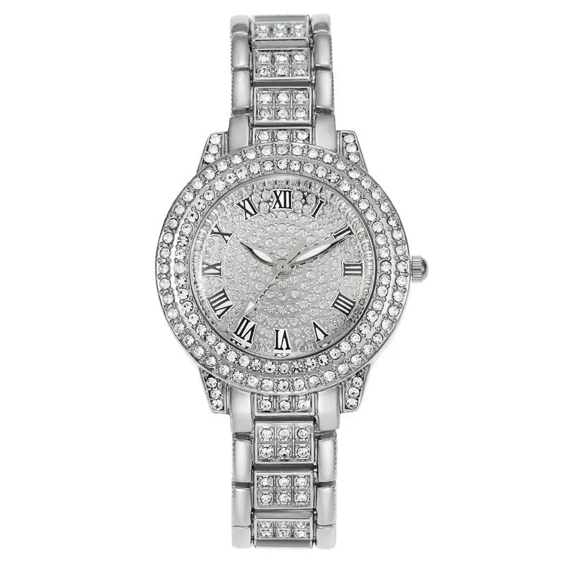 Women's starry rhinestone watch with quartz movement, alloy case, and Roman numeral dial in silver finish