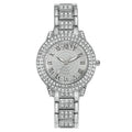 Women's starry rhinestone watch with quartz movement, alloy case, and Roman numeral dial in silver finish