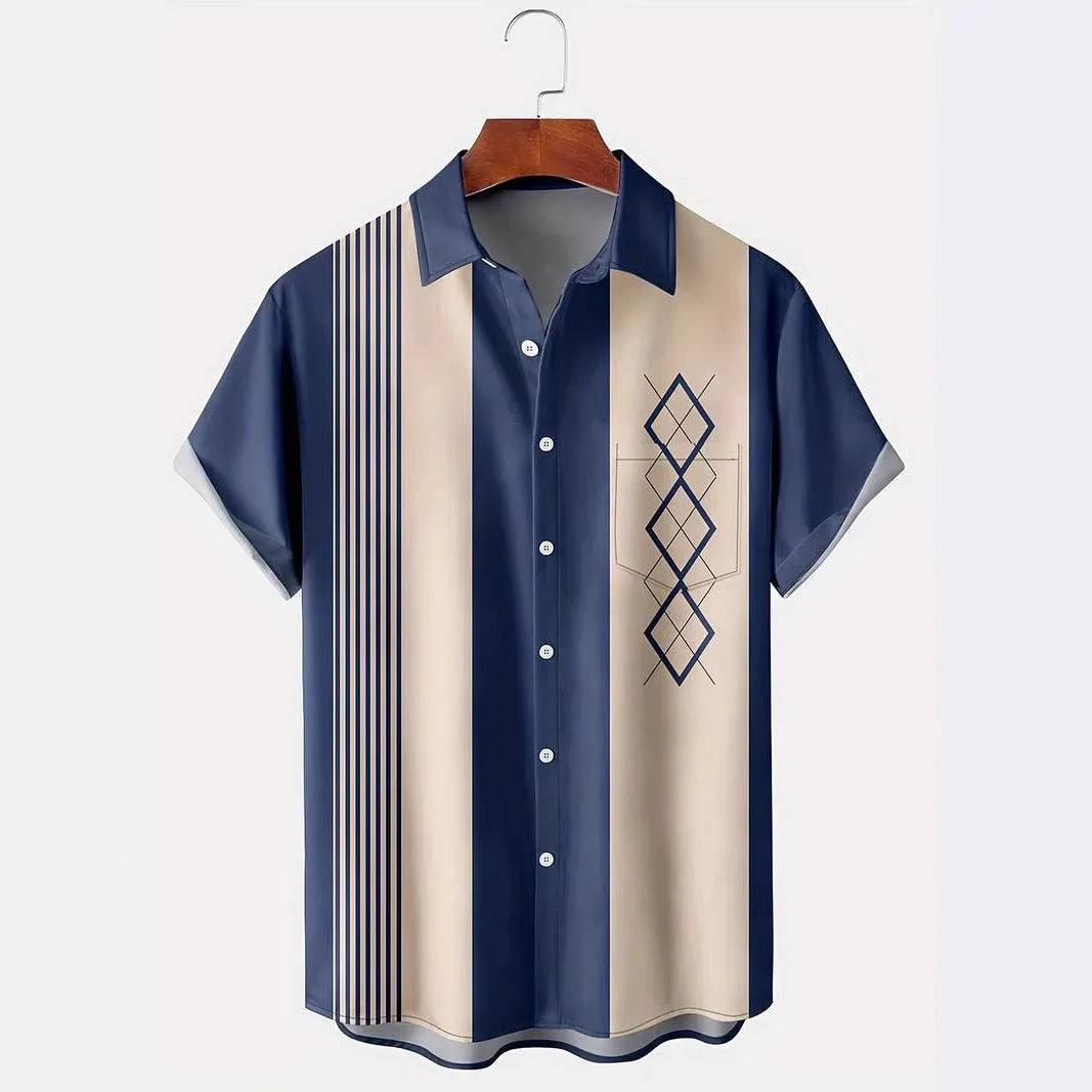 Man wearing a loose fit plaid short sleeve shirt with a lapel collar in a cardigan style.