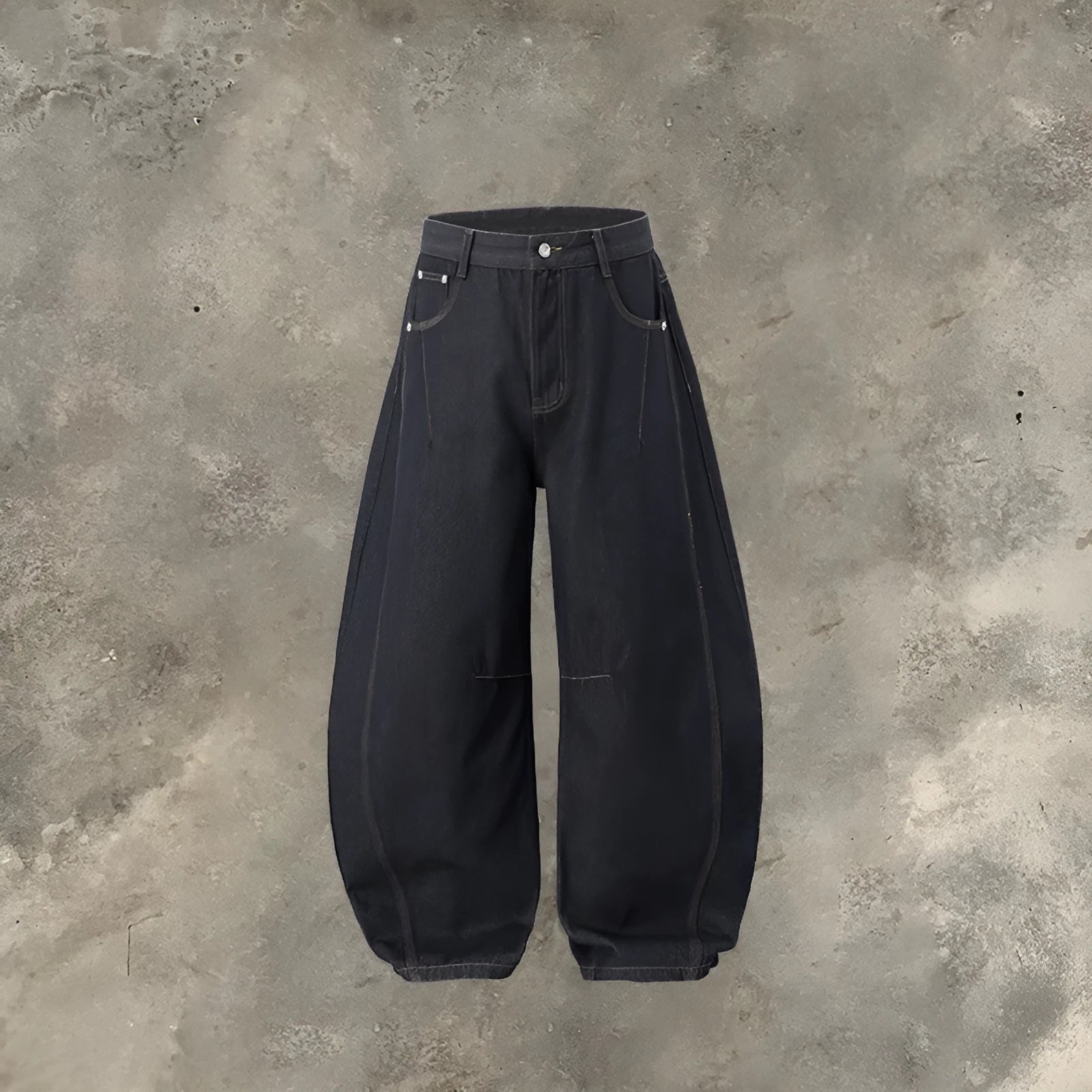 Men's wide leg denim trousers in original cow colour, showing relaxed fit and mid waist design