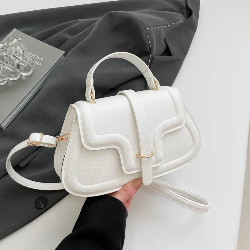 PU leather horizontal square casual handbag with stitching detail in black