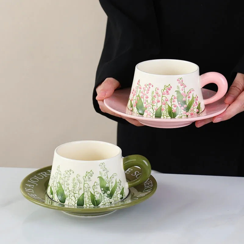 Ceramic couple's coffee cup set with saucers and spoons in Campanula or Lanling Grass designs