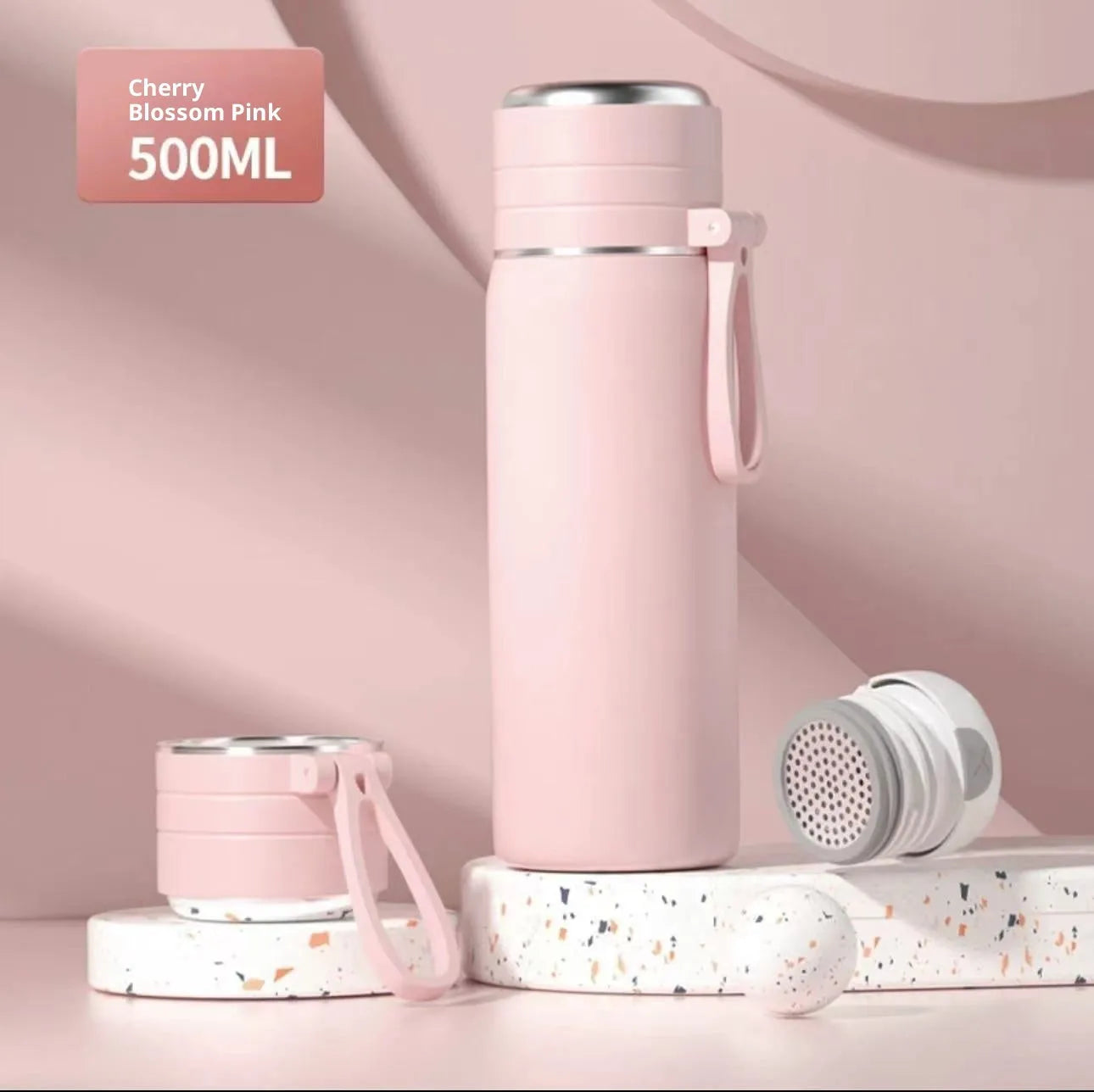 316 stainless steel food grade thermos cup with tea and water separation, 500ml capacity, beige colour