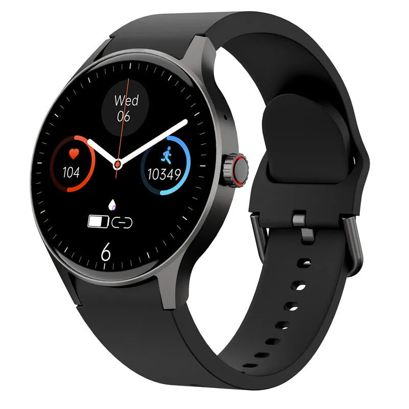 Men's and women's black Bluetooth sport watch with 1.43-inch round screen on wrist, showing display.