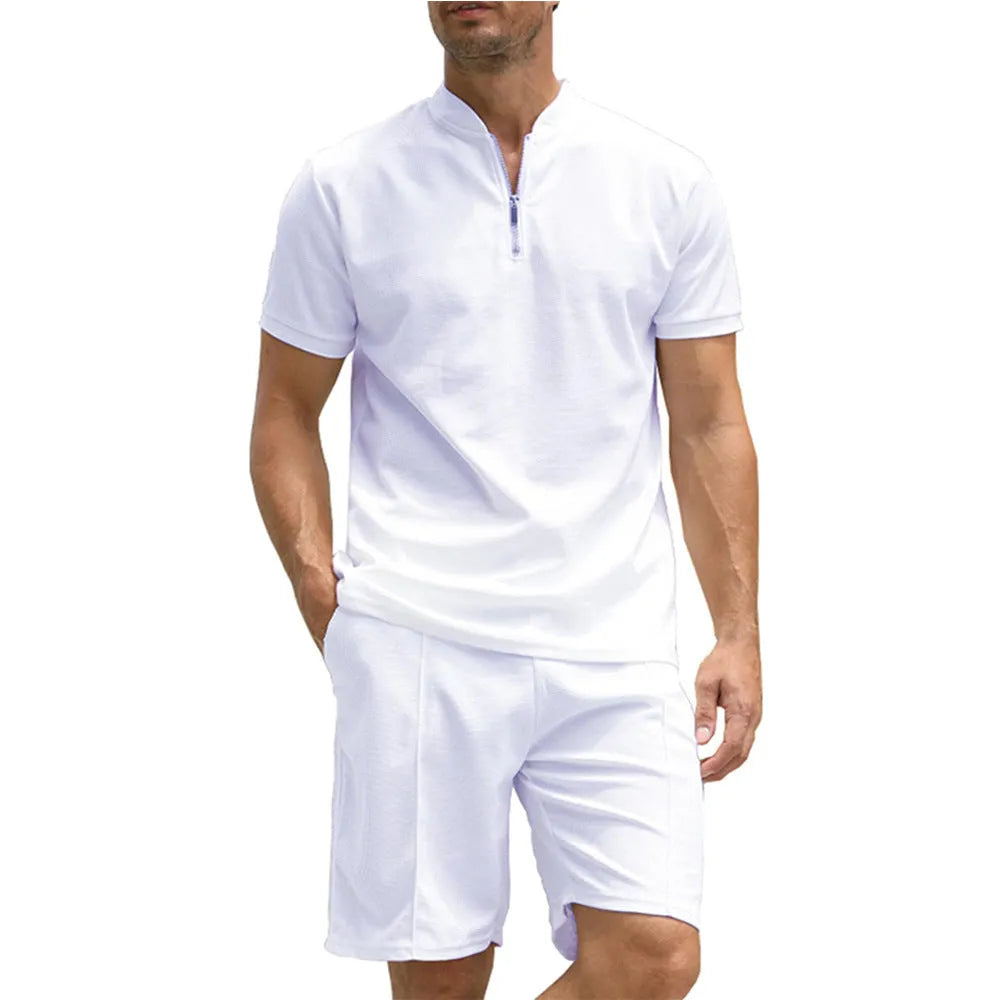 Men's solid colour polo shirt and trouser two-piece set in beaded bird's eye fabric