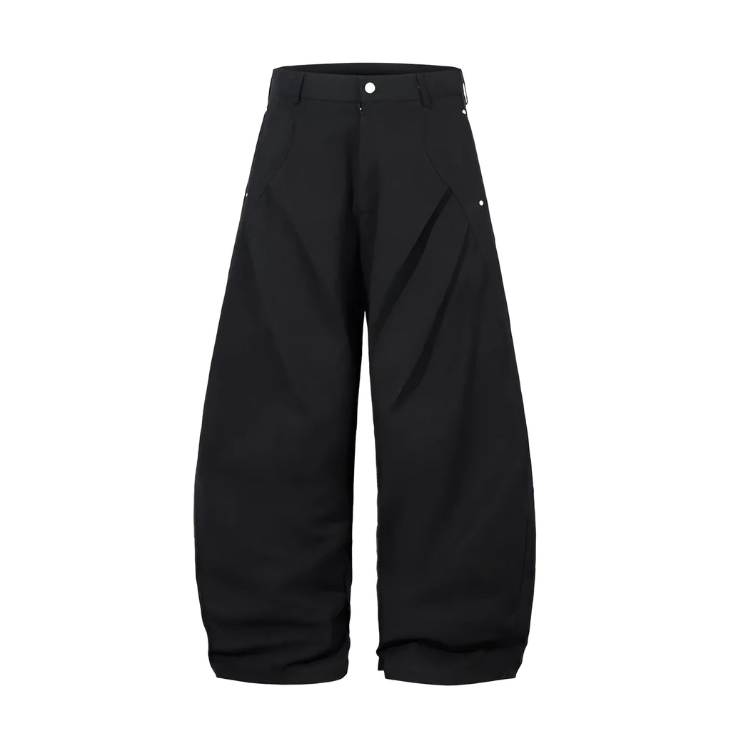 Men's black cotton pleated trousers with wide-leg loose-fitting casual design