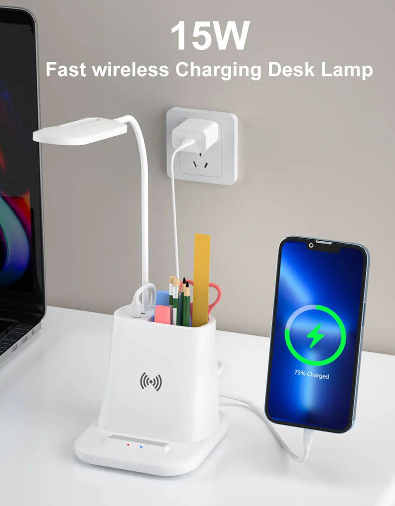 Modern wireless charging desk lamp with integrated pen holder and storage compartment.