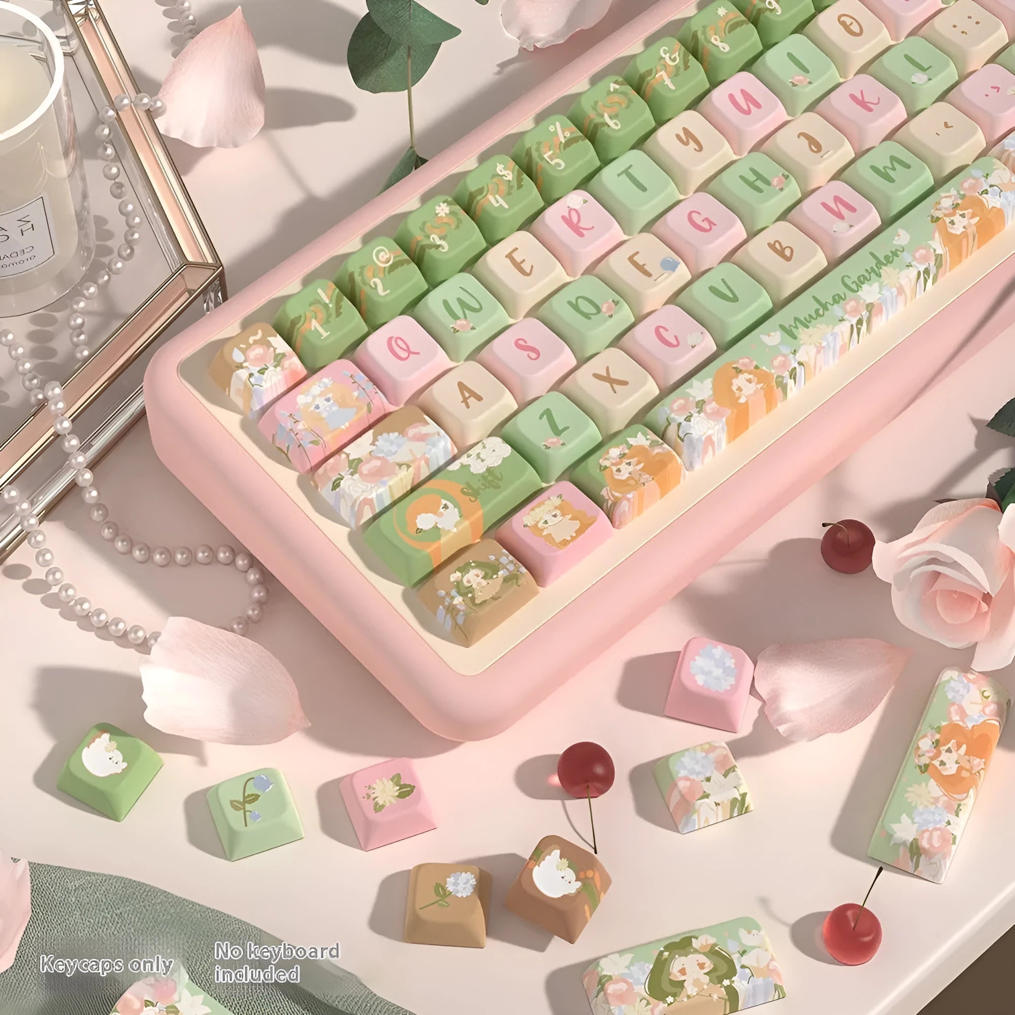 Mu Xia Garden Summer Garden key cap set showing sublimation printed keyboard keys