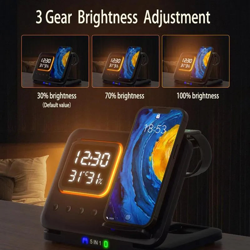 Black and white wireless charging station with LED digital display showing time temperature humidity