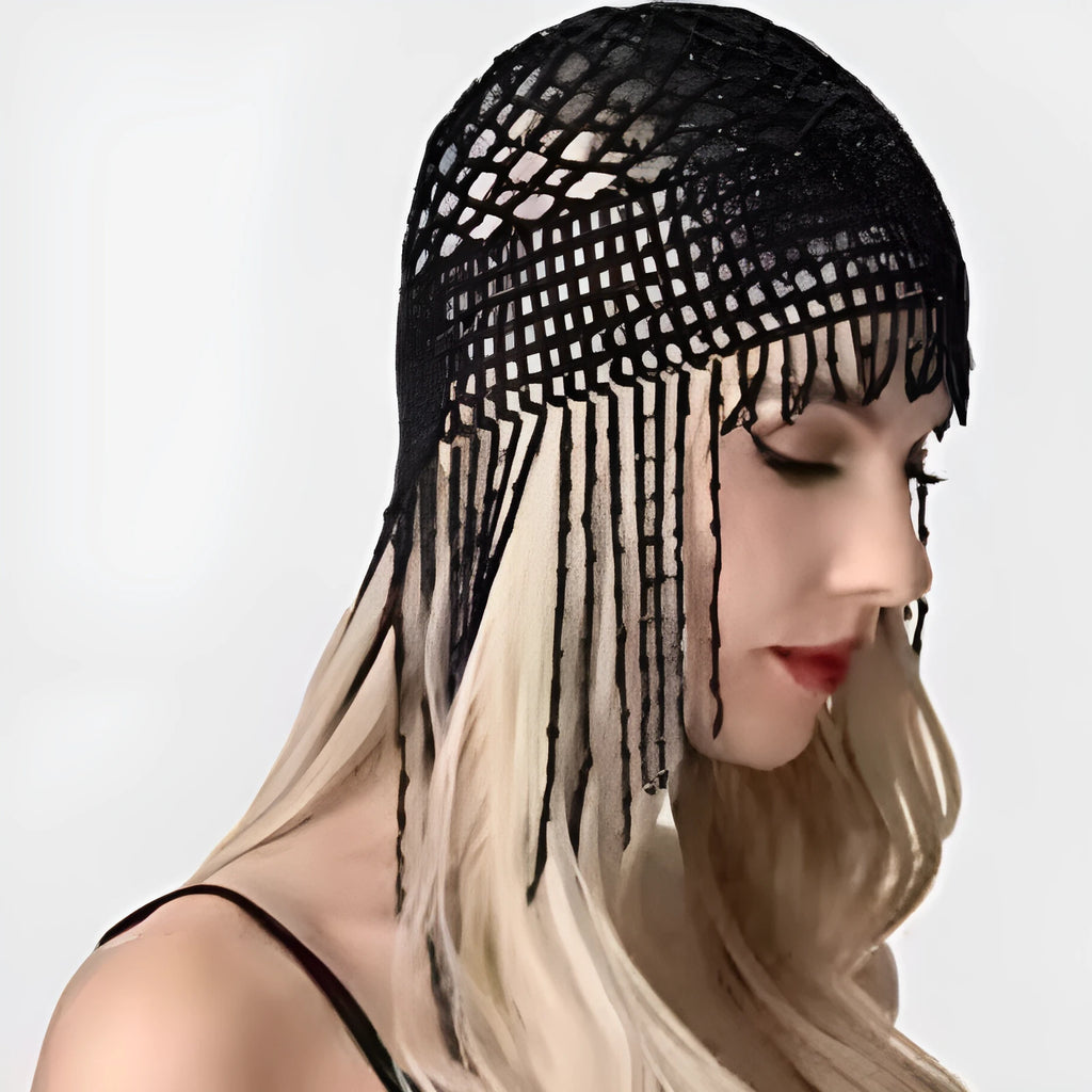 Handmade beaded belly dance hat with alloy construction and long tassels in black or silver