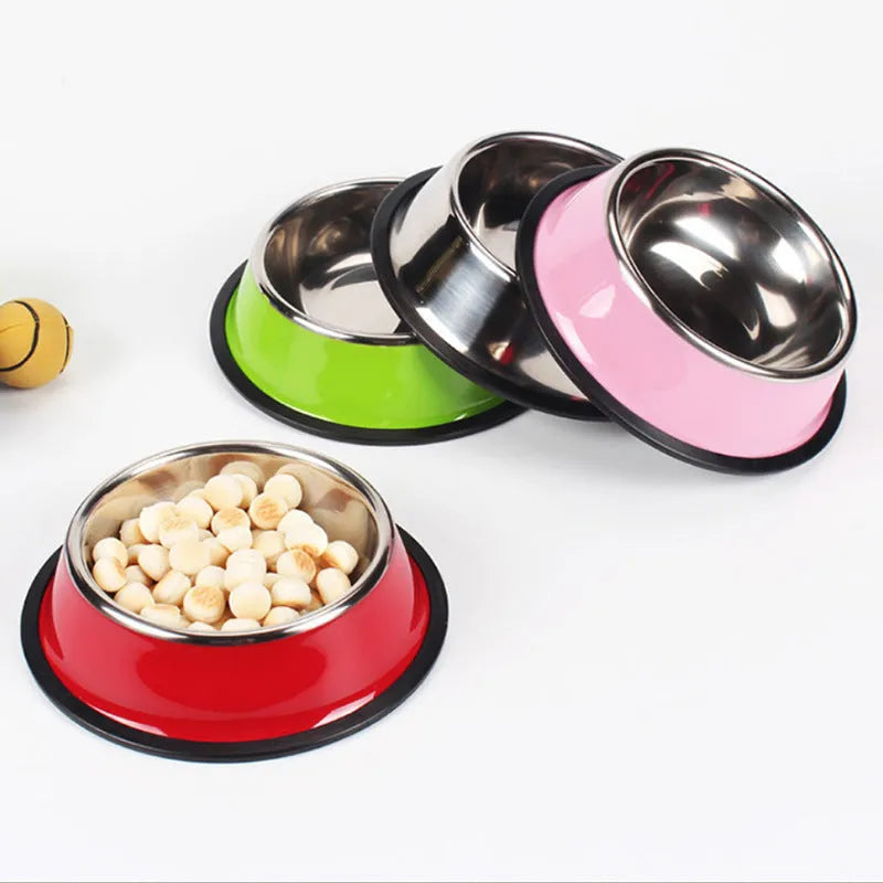 Stainless steel pet bowl with colourful melamine outer pot and non-slip rubber base