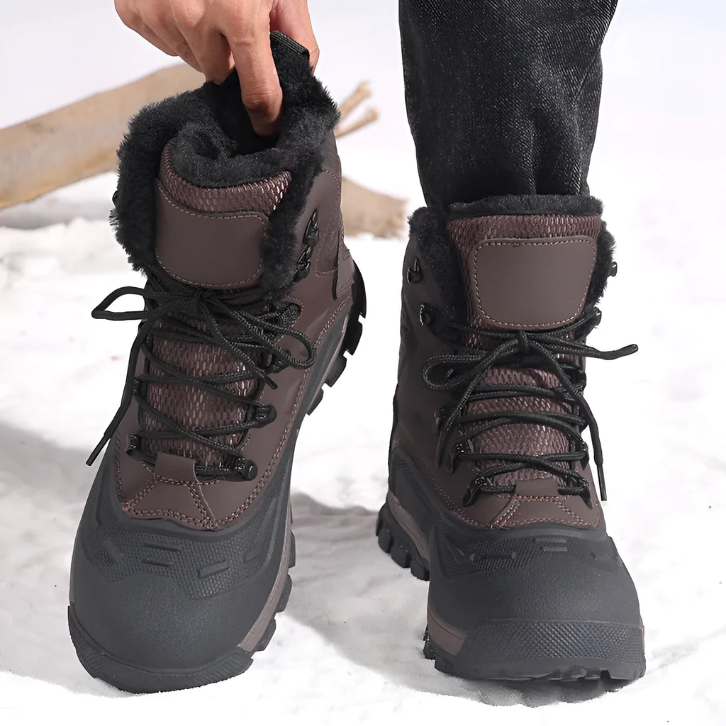 Men's black fleece-lined high-top lace-up boots with a tall upper and ribbed sole.