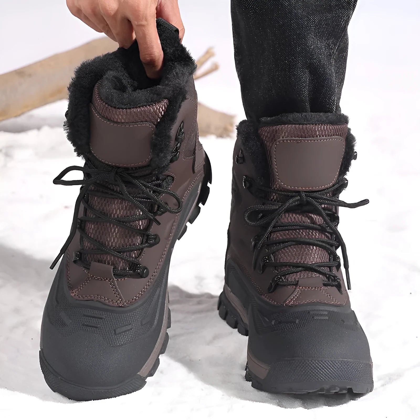 Men's black fleece-lined high-top lace-up boots with a tall upper and ribbed sole.