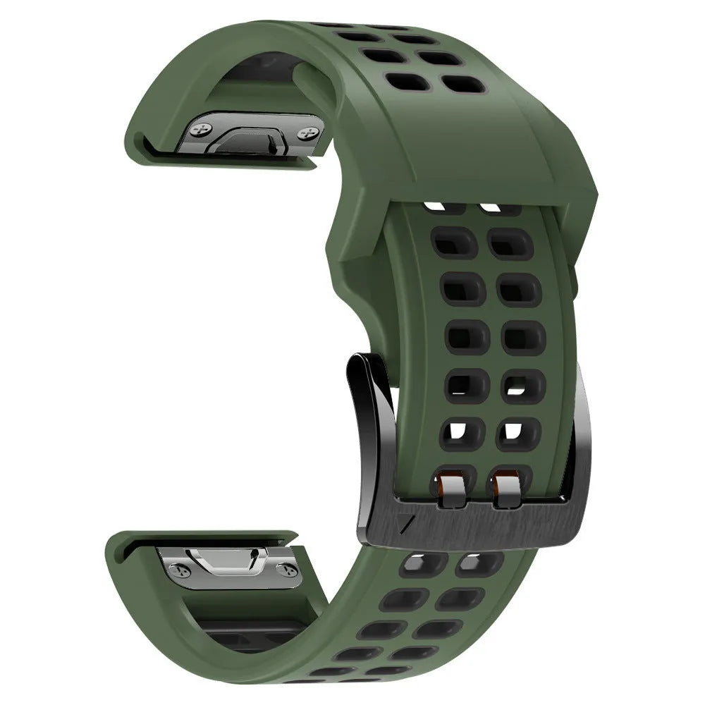 Quick release double row hole silicone watch strap in a two-tone colour on a watch.