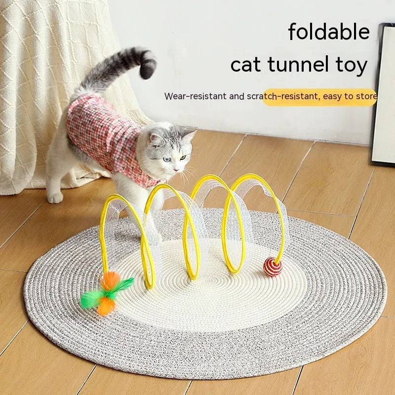 Folded cat tunnel S type in striped pattern with mouse and feather attachments on each end