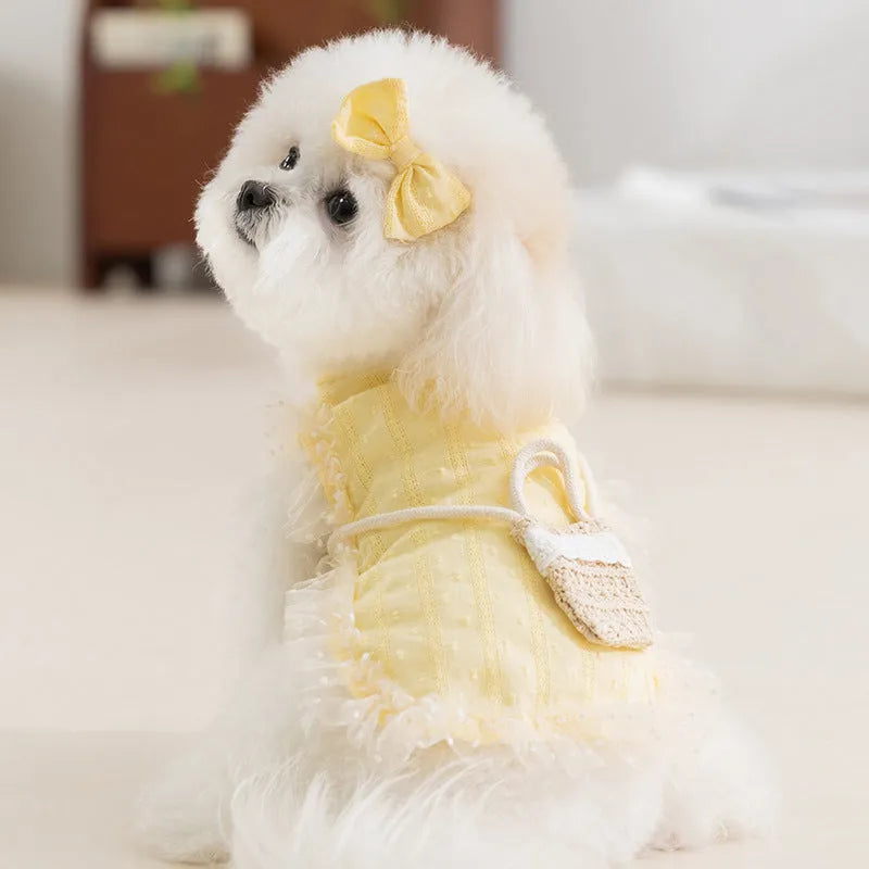 Small dog wearing quiet country shoulder bag carrier in blue, with bow and crossbody bag