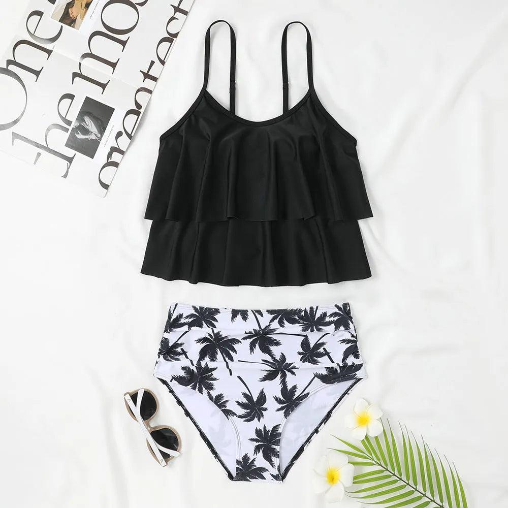 Women's high waist double-layer swimsuit with coconut tree print pattern