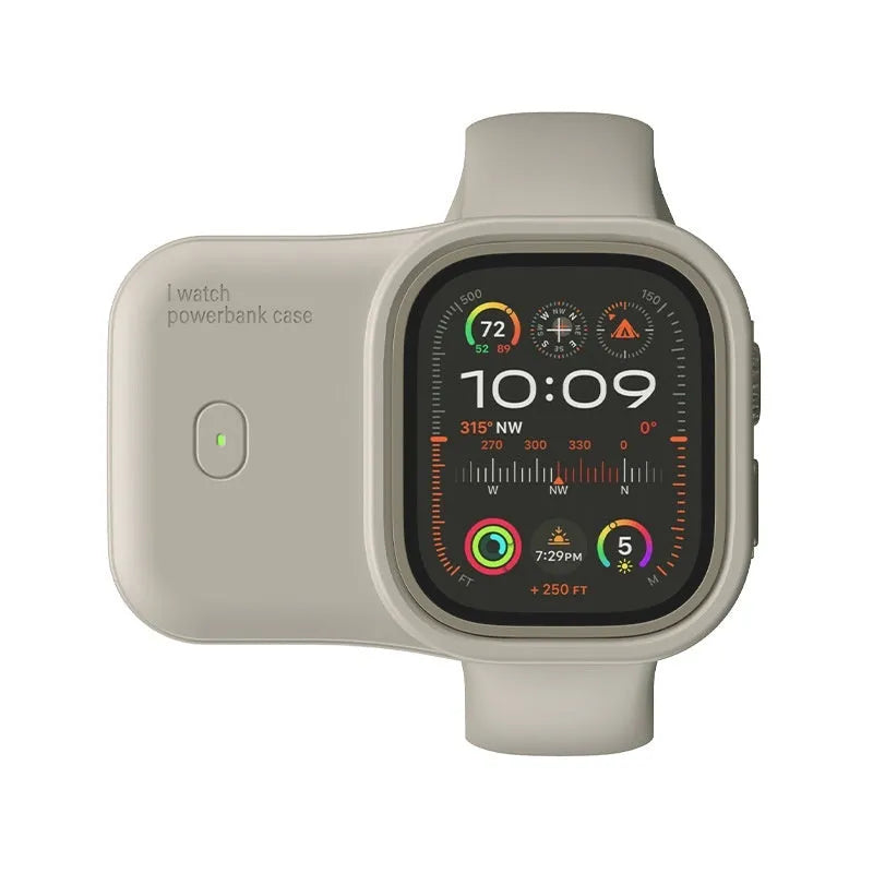 Portable wireless charging case for Apple Watch in brown, midnight blue, and starlight colours.