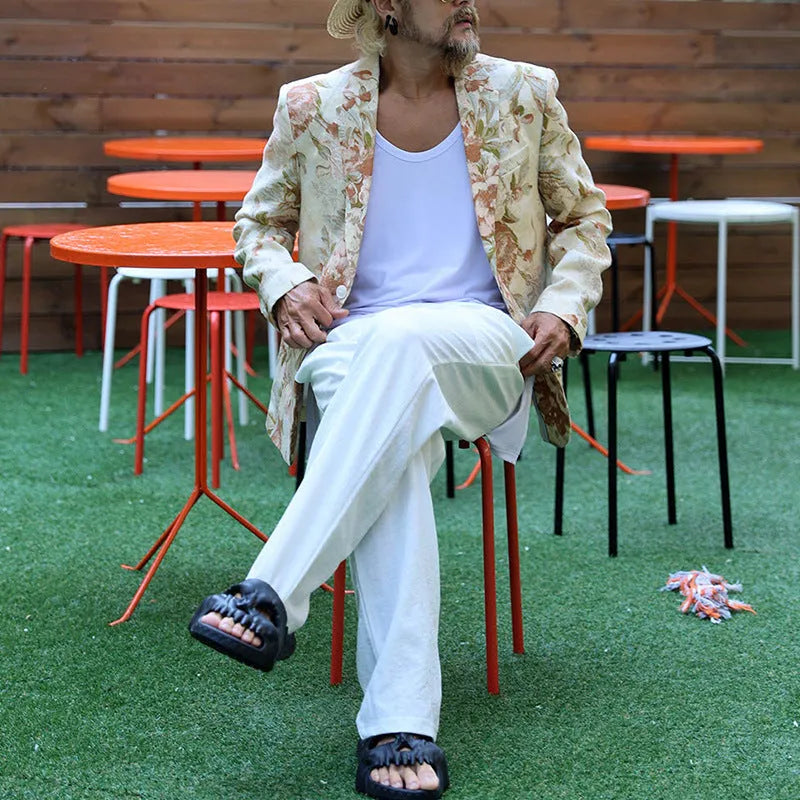 White casual fashion printing suit for men with long sleeves and polyester fabric, shown on model