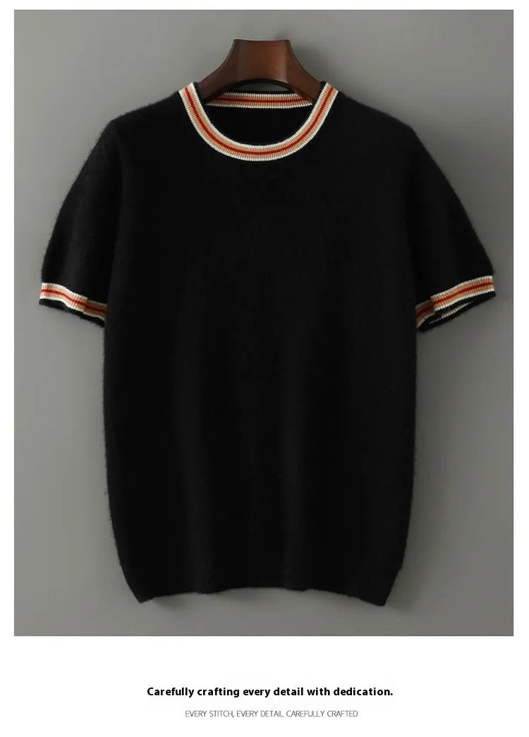 Men's pure wool short sleeve round neck sweater in grey displayed flat