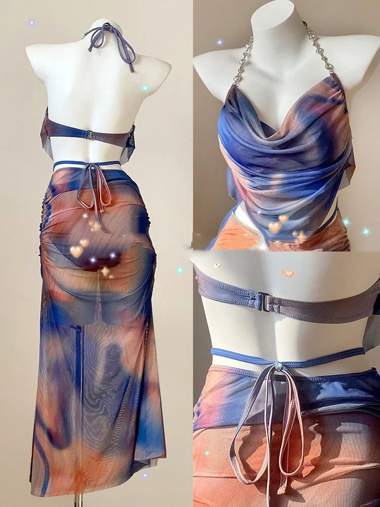 Women's three-piece bikini set with steel support blue printing triangle style nylon spandex