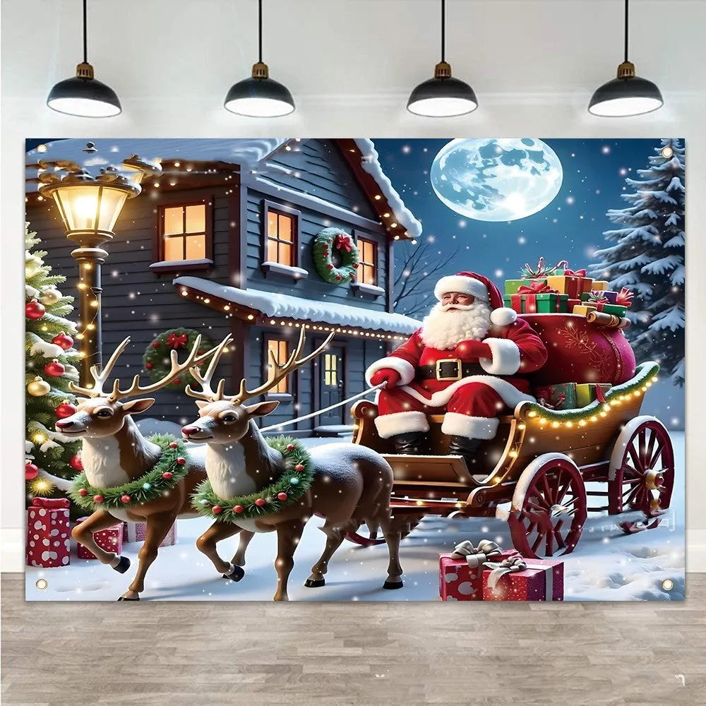 Large red Christmas banner with Santa Claus and gift illustrations measuring 210x150 cm